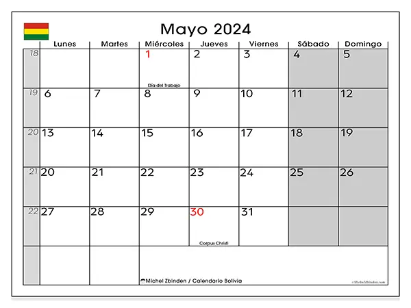 Calendario Bolivia para imprimir gratis de mayo de 2024. Semana: De lunes a domingo.