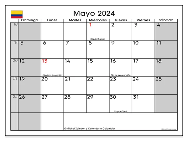 Calendario Colombia para imprimir gratis de mayo de 2024. Semana: De domingo a sábado.