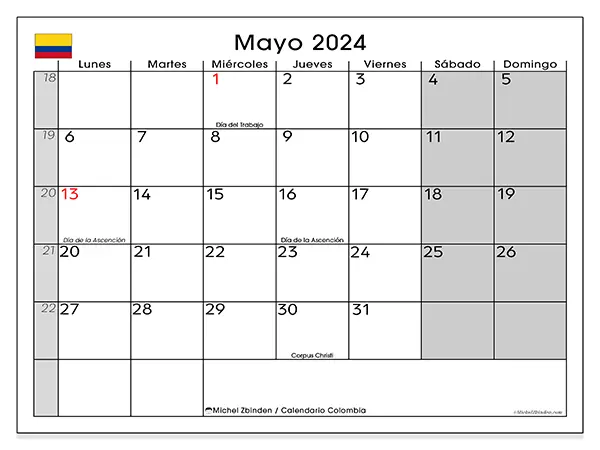 Calendario Colombia para imprimir gratis de mayo de 2024. Semana: De lunes a domingo.