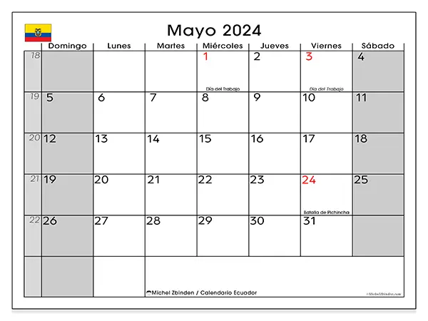 Calendario Ecuador para imprimir gratis de mayo de 2024. Semana: De domingo a sábado.