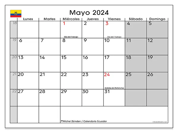 Calendario Ecuador para imprimir gratis de mayo de 2024. Semana: De lunes a domingo.
