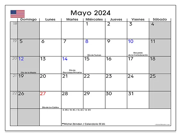 Calendario de Estados Unidos para imprimir gratis, mayo 2025. Semana:  De domingo a sábado