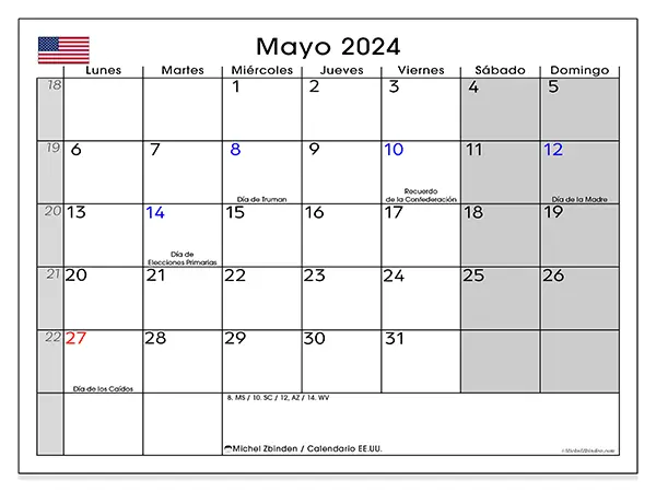Calendario Estados Unidos para imprimir gratis de mayo de 2024. Semana: De lunes a domingo.