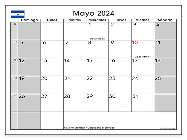 Calendario El Salvador para imprimir gratis de mayo de 2024. Semana: De domingo a sábado.