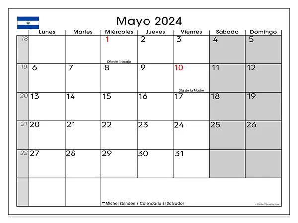 Calendario El Salvador para imprimir gratis de mayo de 2024. Semana: De lunes a domingo.