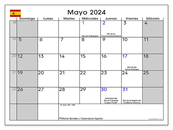 Calendario España para imprimir gratis de mayo de 2024. Semana: De domingo a sábado.