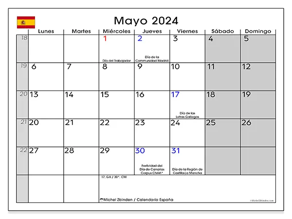 Calendario España para imprimir gratis de mayo de 2024. Semana: De lunes a domingo.