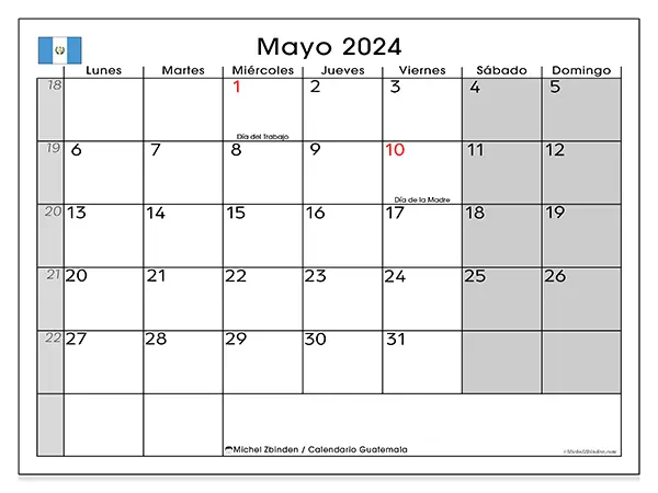 Calendario Guatemala para imprimir gratis de mayo de 2024. Semana: De lunes a domingo.