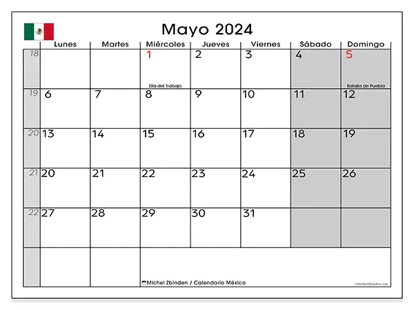 Calendario México para imprimir gratis de mayo de 2024. Semana: De lunes a domingo.