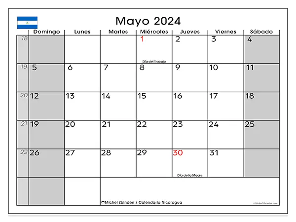 Calendario Nicaragua para imprimir gratis de mayo de 2024. Semana: De domingo a sábado.