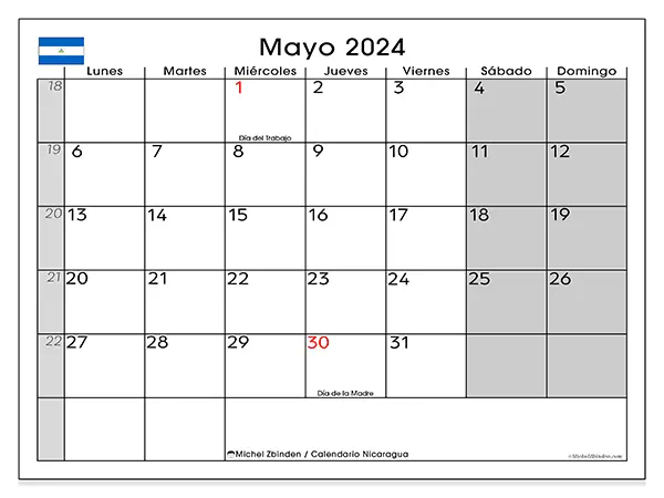 Calendario Nicaragua para imprimir gratis de mayo de 2024. Semana: De lunes a domingo.