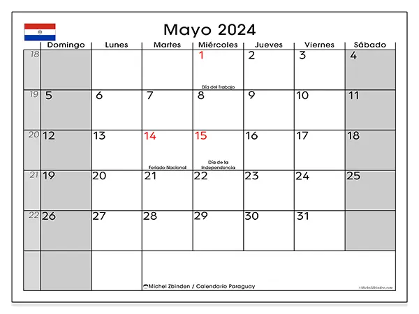 Calendario para imprimir gratis de Paraguay para mayo de 2024. Semana : De domingo a sábado.