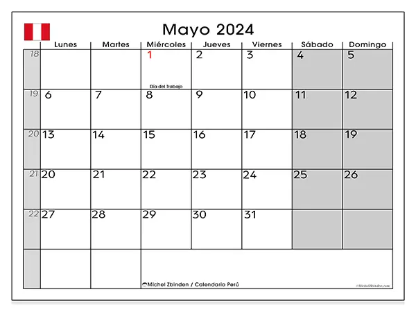 Calendario para imprimir gratis de Perú para mayo de 2024. Semana : De lunes a domingo.