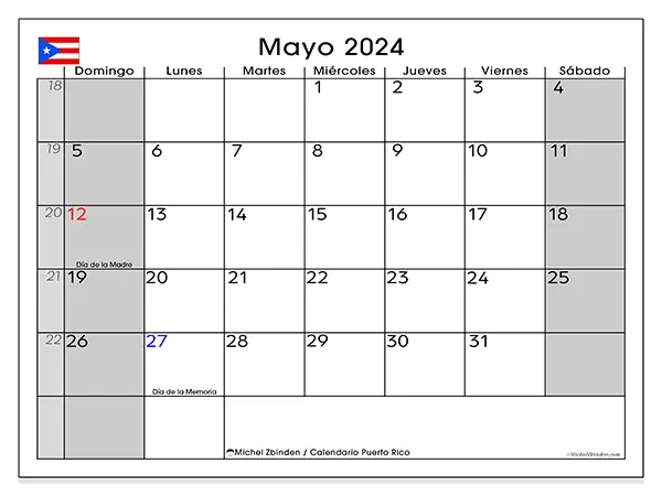 Calendario de Puerto Rico para imprimir gratis, mayo 2025. Semana:  De domingo a sábado