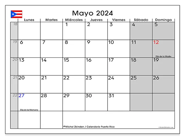 Calendario Puerto Rico para imprimir gratis de mayo de 2024. Semana: De lunes a domingo.