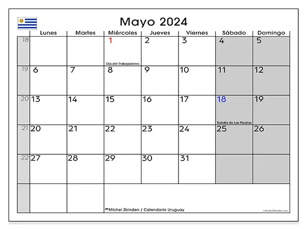Calendario Uruguay para imprimir gratis de mayo de 2024. Semana: De lunes a domingo.