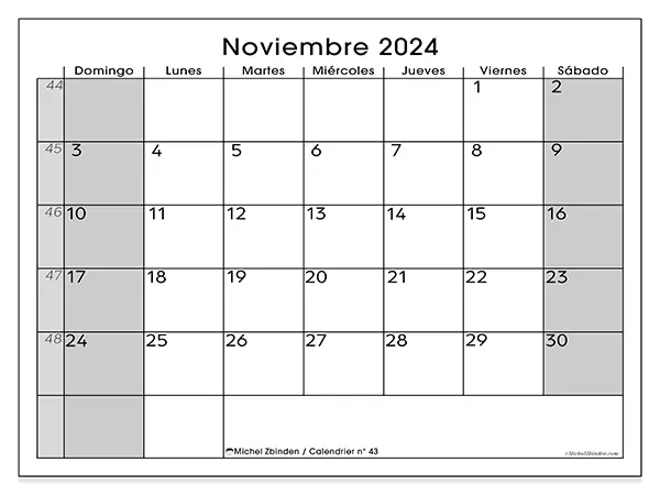 Calendario n.° 43 para noviembre de 2024 para imprimir gratis. Semana: De domingo a sábado.