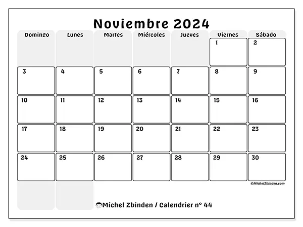 Calendario para imprimir n° 44, noviembre de 2024