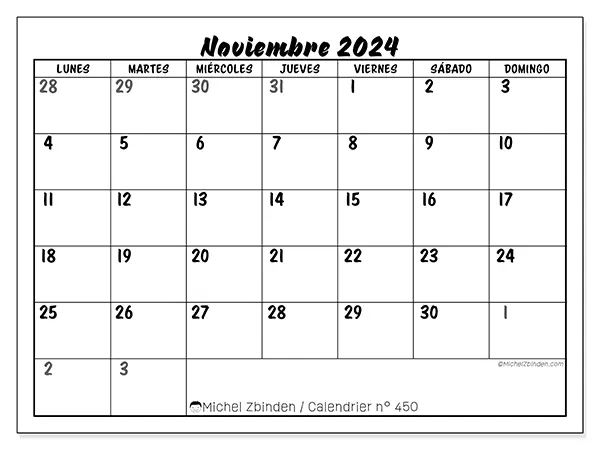 Calendario n.° 450 para noviembre de 2024 para imprimir gratis. Semana: De lunes a domingo.