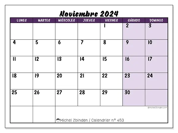 Calendario n.° 453 para noviembre de 2024 para imprimir gratis. Semana: De lunes a domingo.