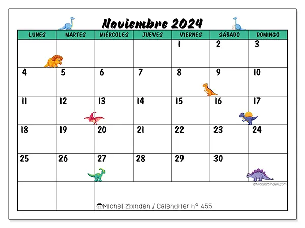 Calendario n.° 455 para noviembre de 2024 para imprimir gratis. Semana: De lunes a domingo.