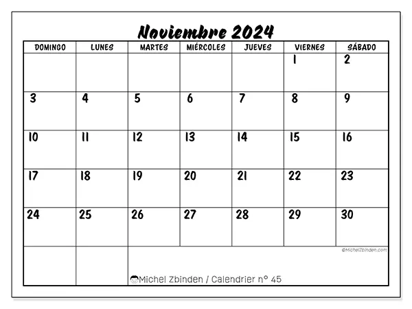 Calendario para imprimir n° 45, noviembre de 2024