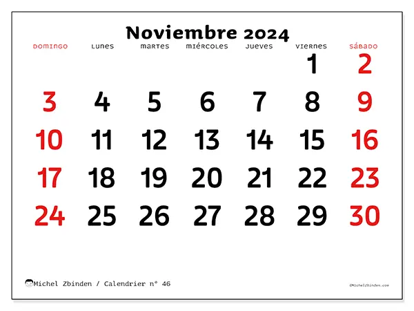 Calendario n.° 46 para noviembre de 2024 para imprimir gratis. Semana: De domingo a sábado.