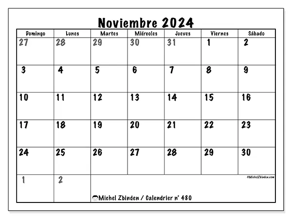 Calendario n.° 480 para noviembre de 2024 para imprimir gratis. Semana: De domingo a sábado.