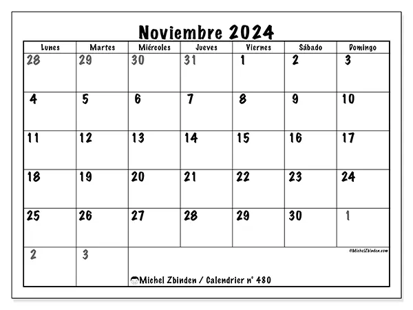 Calendario n.° 480 para noviembre de 2024 para imprimir gratis. Semana: De lunes a domingo.