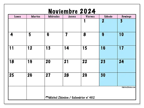 Calendario n.° 482 para noviembre de 2024 para imprimir gratis. Semana: De lunes a domingo.