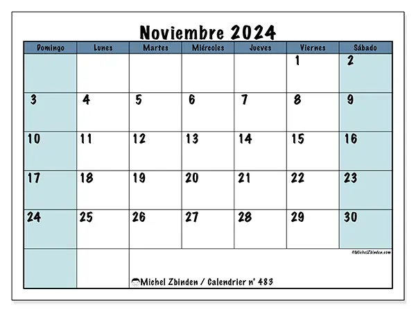 Calendario n.° 483 para noviembre de 2024 para imprimir gratis. Semana: De domingo a sábado.