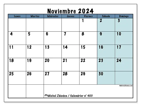 Calendario n.° 483 para noviembre de 2024 para imprimir gratis. Semana: De lunes a domingo.