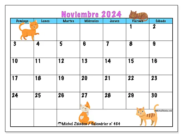 Calendario n.° 484 para imprimir gratis, noviembre 2025. Semana:  De domingo a sábado