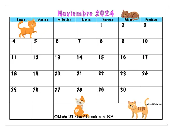 Calendario n.° 484 para noviembre de 2024 para imprimir gratis. Semana: De lunes a domingo.