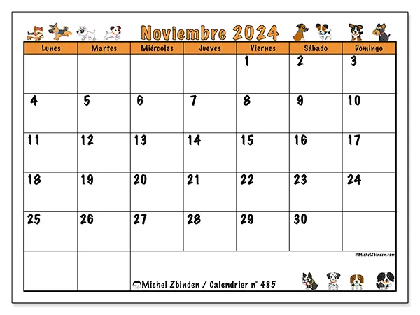 Calendario n.° 485 para noviembre de 2024 para imprimir gratis. Semana: De lunes a domingo.
