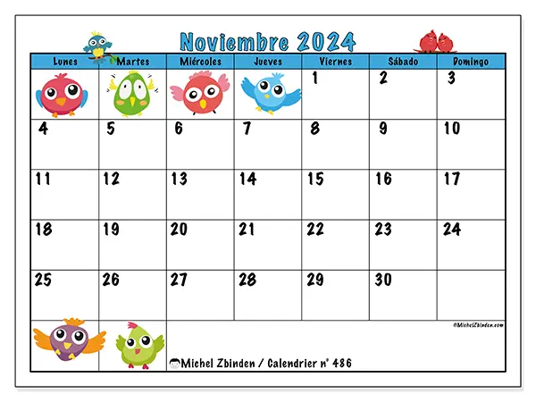 Calendario n.° 486 para noviembre de 2024 para imprimir gratis. Semana: De lunes a domingo.