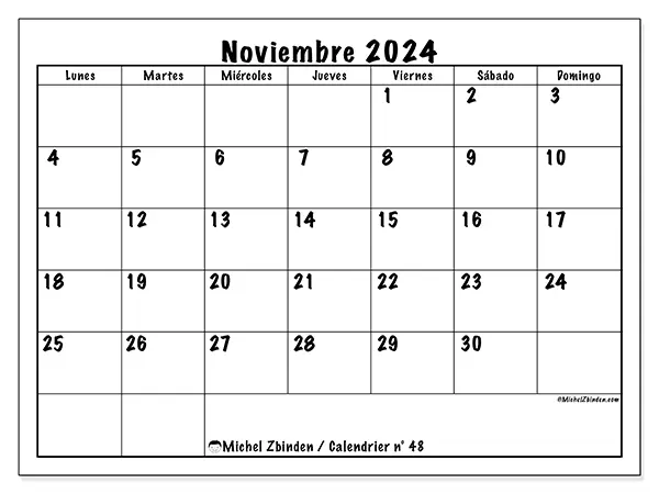 Calendario para imprimir n° 48, noviembre de 2024