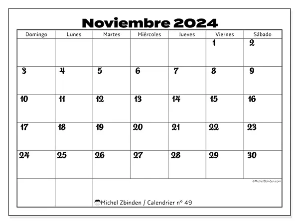 Calendario n.° 49 para imprimir gratis, noviembre 2025. Semana:  De domingo a sábado