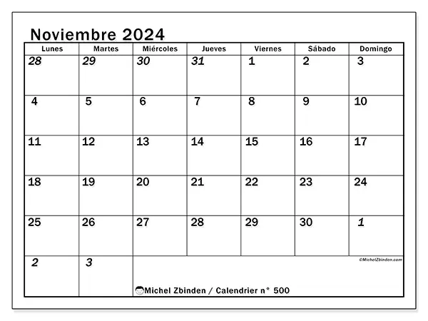 Calendario n.° 500 para noviembre de 2024 para imprimir gratis. Semana: De lunes a domingo.