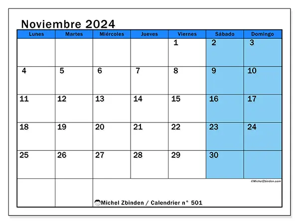 Calendario n.° 501 para noviembre de 2024 para imprimir gratis. Semana: De lunes a domingo.