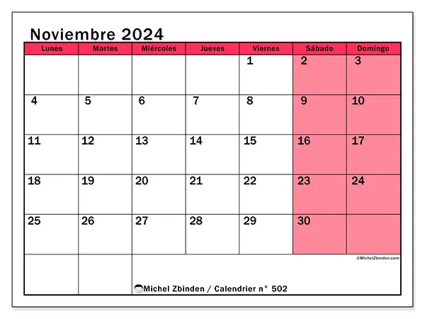 Calendario n.° 502 para noviembre de 2024 para imprimir gratis. Semana: De lunes a domingo.