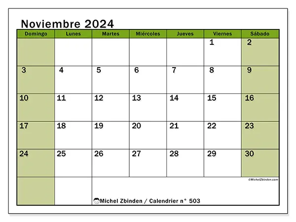Calendario para imprimir n° 503, noviembre de 2024