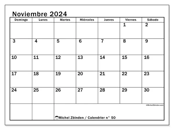 Calendario n.° 50 para noviembre de 2024 para imprimir gratis. Semana: De domingo a sábado.
