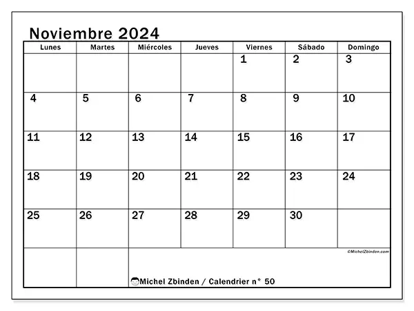 Calendario n.° 50 para noviembre de 2024 para imprimir gratis. Semana: De lunes a domingo.