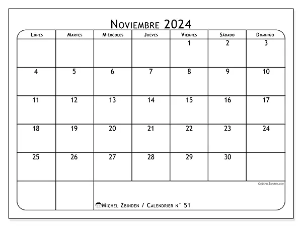Calendario n.° 51 para noviembre de 2024 para imprimir gratis. Semana: De lunes a domingo.