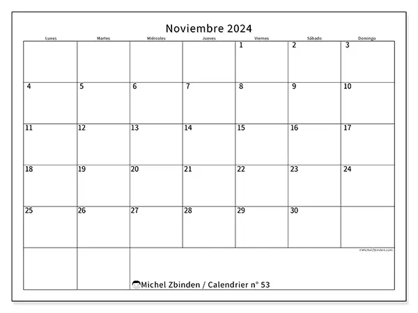 Calendario para imprimir n° 53, noviembre de 2024