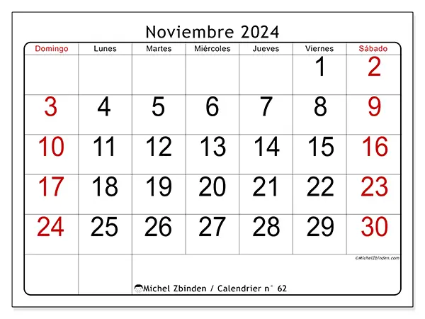 Calendario para imprimir gratis n° 62 para noviembre de 2024. Semana: De domingo a sábado.