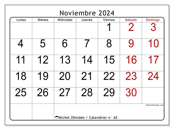 Calendario para imprimir gratis n° 62 para noviembre de 2024. Semana: De lunes a domingo.