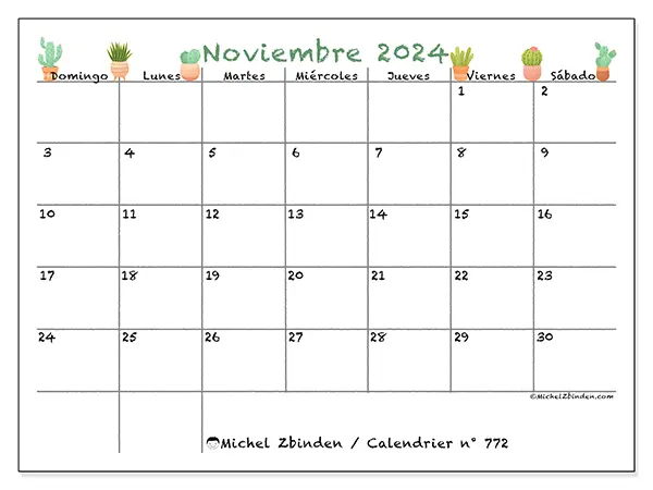 Calendario para imprimir gratis n° 772 para noviembre de 2024. Semana: De domingo a sábado.