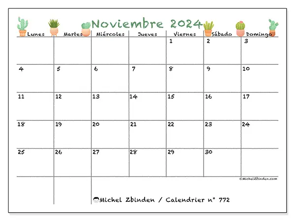 Calendario para imprimir gratis n° 772 para noviembre de 2024. Semana: De lunes a domingo.